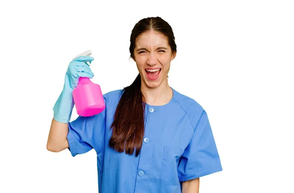 Young Cleaner Caucasian Woman Isolated Screaming Very Angry Aggressive — Stock Photo, Image