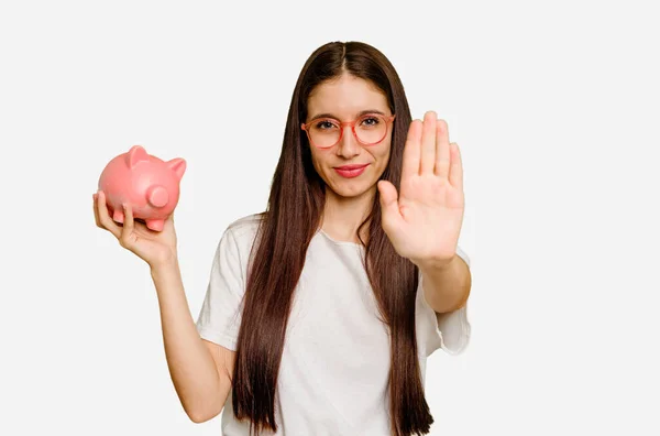 Young Caucasian Woman Holding Piggy Bank Isolated Standing Outstretched Hand — Stock Photo, Image