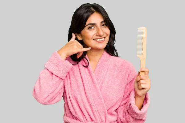 Young Woman Bathrobe Holding Hair Comb Isolated Showing Mobile Phone — Stock Photo, Image