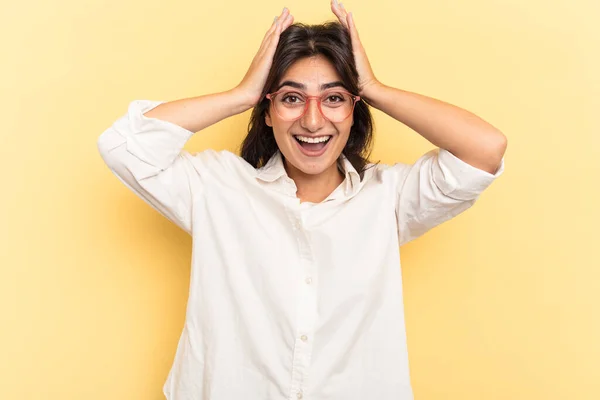 Young Indian Woman Isolated Yellow Background Screaming Very Excited Passionate — Stock Photo, Image
