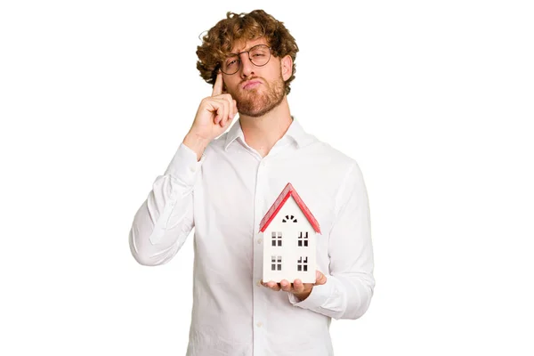 Business Caucasian Man Holding Toy House Isolated White Background Pointing — Stock Photo, Image