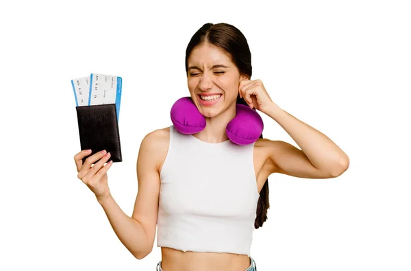 Young Caucasian Woman Inflatable Travel Pillow Holding Passport Isolated Covering — Stock Photo, Image