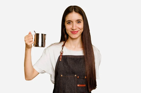 Jeune Barista Femme Caucasienne Isolé Heureux Souriant Joyeux — Photo