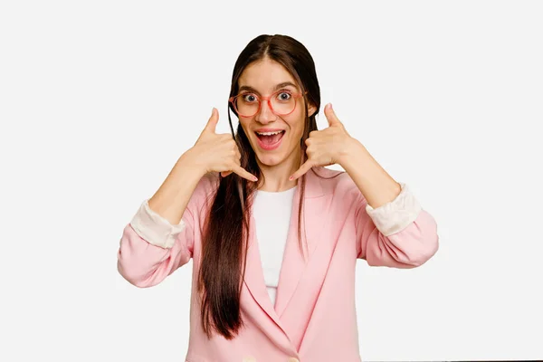 Jovem Caucasiano Mulher Cabelos Longos Isolado Mostrando Gesto Chamada Telefone — Fotografia de Stock