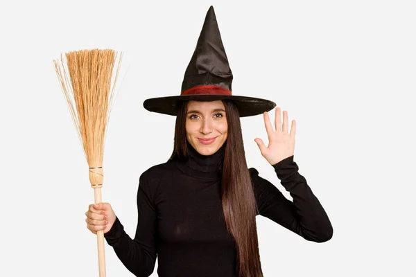 Young Caucasian Woman Dressed Witch Holding Broom Isolated Smiling Cheerful — Stock Photo, Image