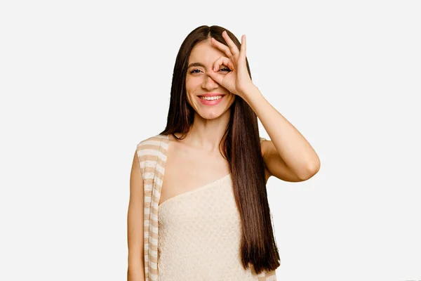 Young Caucasian Long Hair Woman Isolated Excited Keeping Gesture Eye — Stock Photo, Image