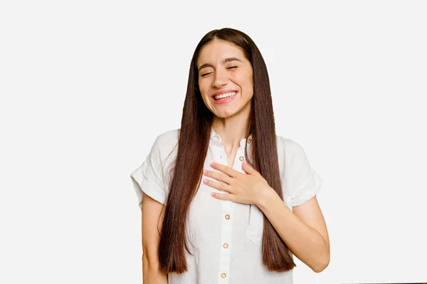 Young Caucasian Long Hair Woman Isolated Laughs Out Loudly Keeping — Stock Photo, Image