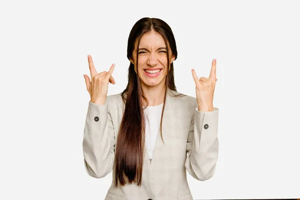 Jovem Caucasiana Mulher Cabelos Longos Isolado Mostrando Gesto Chifres Como — Fotografia de Stock