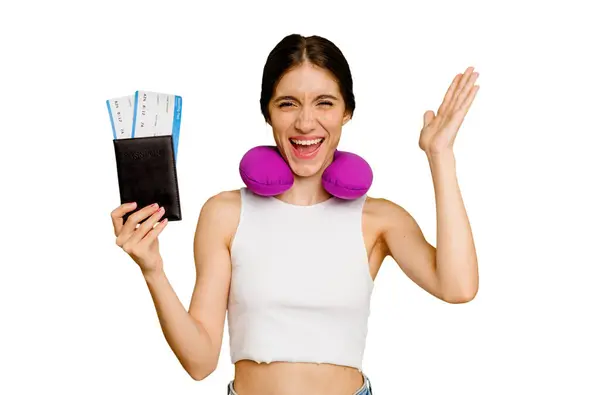 Young Caucasian Woman Inflatable Travel Pillow Holding Passport Isolated Receiving — Stock Photo, Image