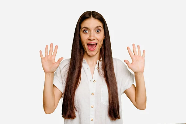 Young Caucasian Long Hair Woman Isolated Receiving Pleasant Surprise Excited — Stock Photo, Image