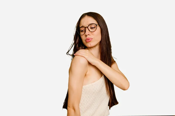 Jovem Caucasiano Longo Cabelo Mulher Isolado Ter Uma Dor Ombro — Fotografia de Stock