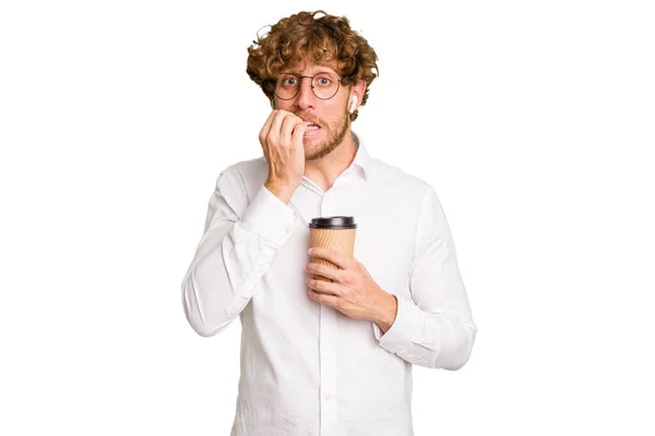 Business Kaukasischen Mann Mit Einem Kaffee Zum Mitnehmen Isoliert Auf — Stockfoto