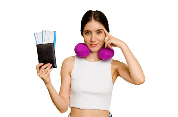 Young Caucasian Woman Inflatable Travel Pillow Holding Passport Isolated Pointing — Stock Photo, Image