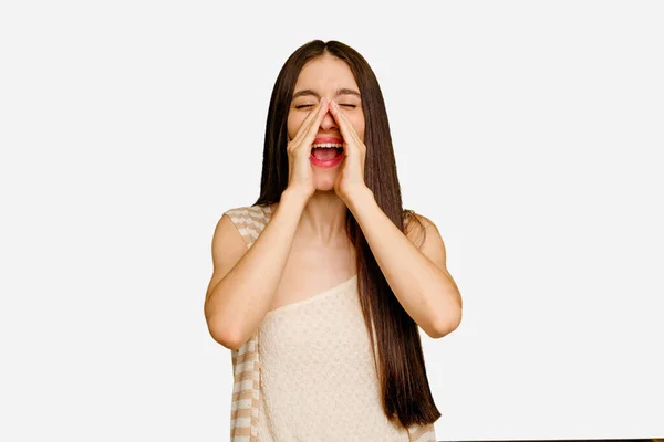 Young Caucasian Long Hair Woman Isolated Shouting Excited Front — Stock Photo, Image