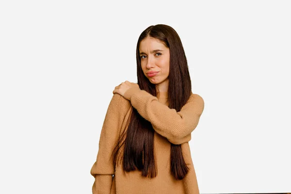 Молодая Белая Женщина Длинными Волосами Изолированная Боли Плече — стоковое фото