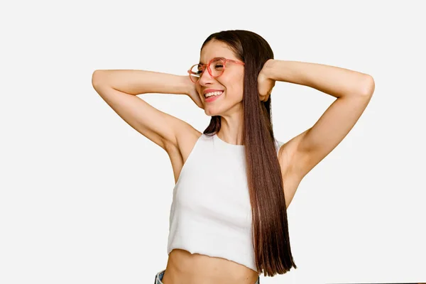 Young Caucasian Long Hair Woman Isolated Feeling Confident Hands Head — Stock Photo, Image