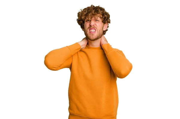 Young Caucasian Man Isolated Green Chroma Background Touching Back Head — Stock Photo, Image