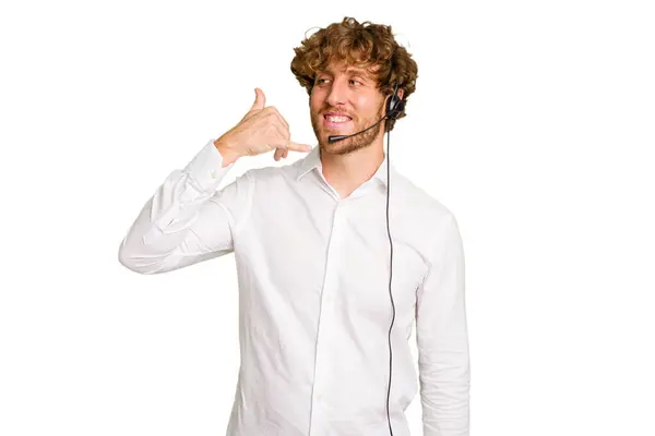 Telemarketer Man Working Headset Isolated Green Chroma Background Showing Mobile — Stock Photo, Image