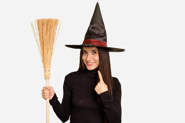Young Caucasian Woman Dressed Witch Holding Broom Isolated Pointing Finger — Stock Photo, Image