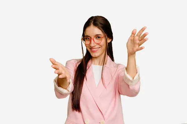 Young Caucasian Long Hair Woman Isolated Feels Confident Giving Hug — Stock Photo, Image