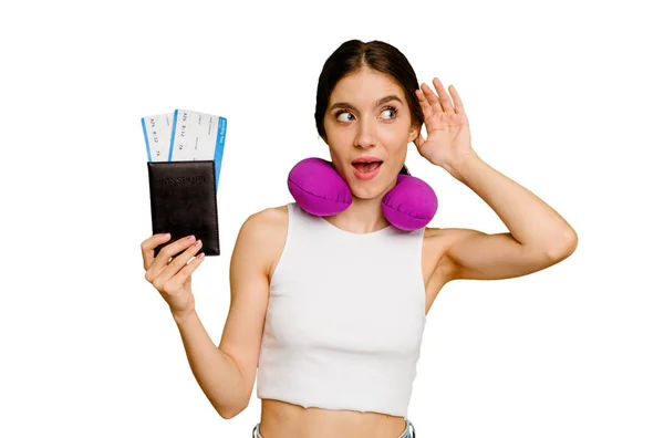 Young Caucasian Woman Inflatable Travel Pillow Holding Passport Isolated Trying — Stock Photo, Image
