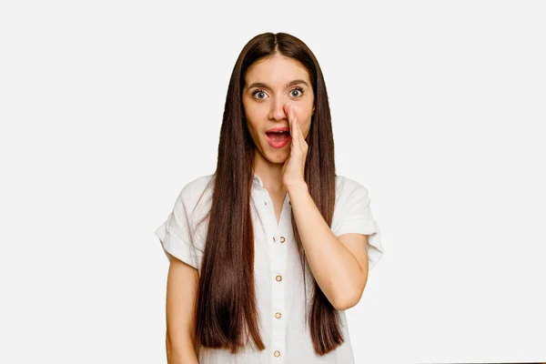 Young Caucasian Long Hair Woman Isolated Shouts Loud Keeps Eyes — Stock Photo, Image