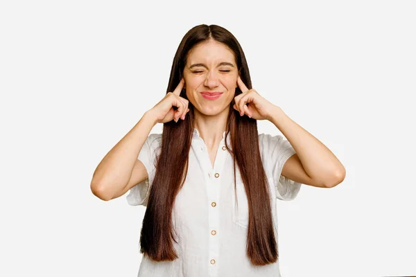 Young Caucasian Long Hair Woman Isolated Covering Ears Fingers Stressed — Stock Photo, Image