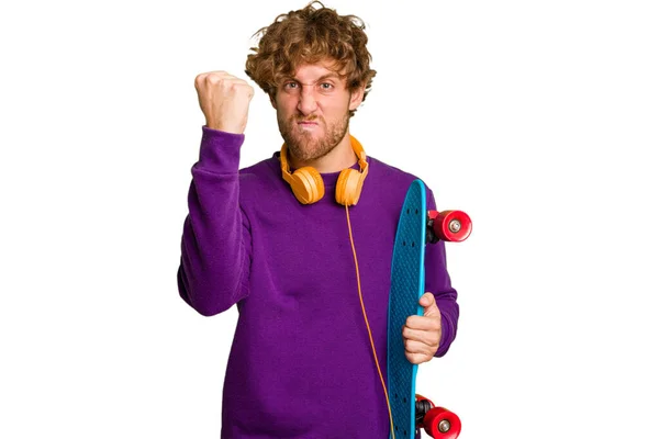 Young Skater Caucasian Man Isolated White Background Showing Fist Camera — Stock Photo, Image