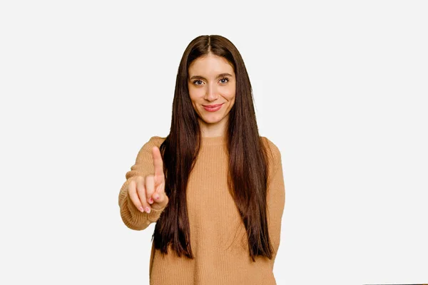 Young Caucasian Long Hair Woman Isolated Showing Number One Finger — Stock Photo, Image