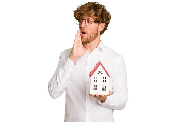 Business Caucasian Man Holding Toy House Isolated White Background Saying — Stock Photo, Image