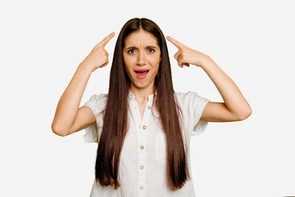 Young Caucasian Long Hair Woman Isolated Showing Disappointment Gesture Forefinger — Stock Photo, Image