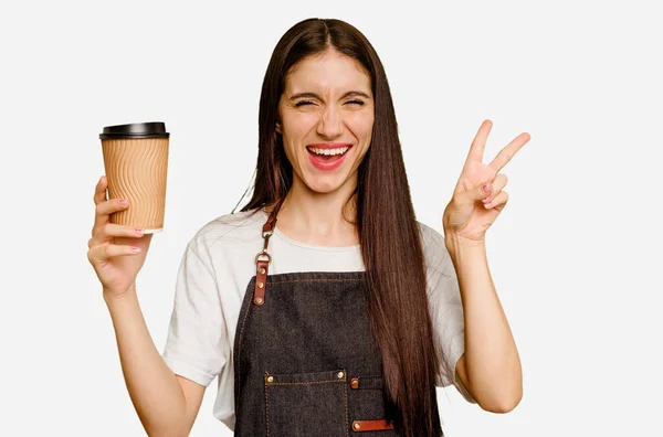 Kahvesini Elinde Tutan Genç Barista Kadın Neşeli Tasasız Bir Şekilde — Stok fotoğraf