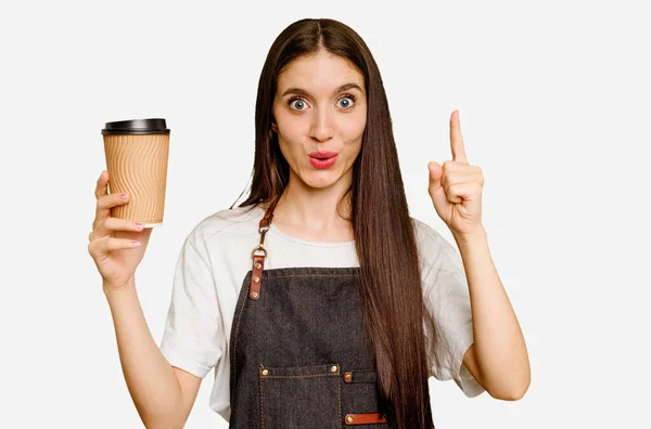 Young Barista Woman Holding Takeaway Coffee Isolated Having Some Great — Stock Photo, Image