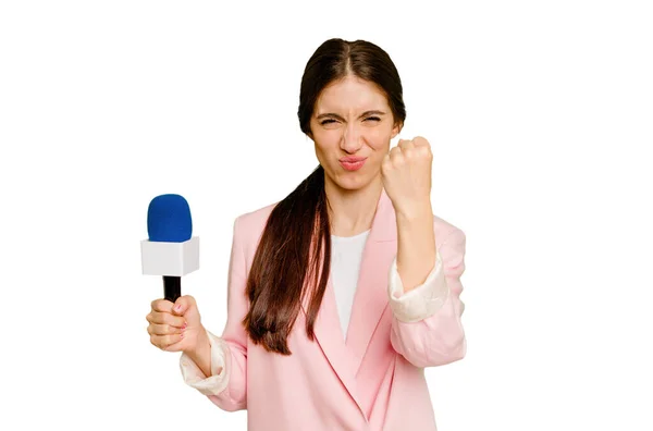 Young Presenter Caucasian Woman Isolated Showing Fist Camera Aggressive Facial — Stock Photo, Image