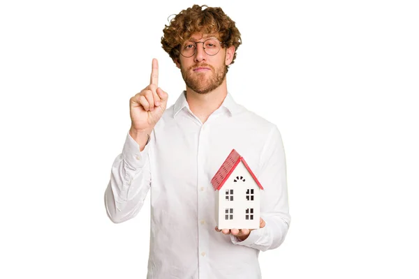 Business Caucasian Man Holding Toy House Isolated White Background Showing — Stock Photo, Image