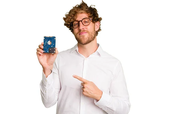 Young Caucasian Informatic Man Holding Hard Drive Isolated White Background — Stock Photo, Image