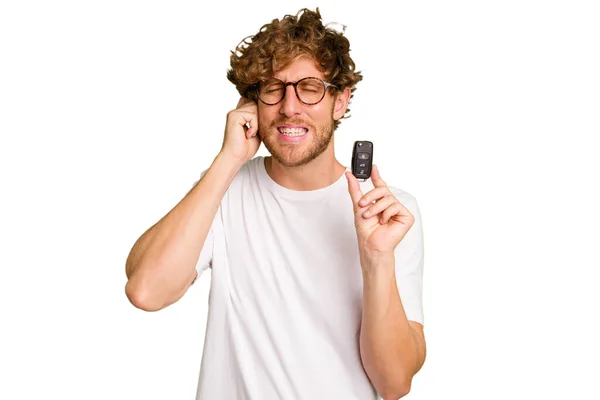 Young Caucasian Man Holding Car Keys Isolated White Background Covering — Stock Photo, Image