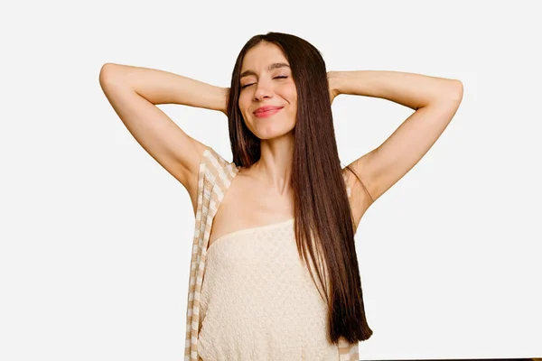 Junge Kaukasische Frau Mit Langen Haaren Isoliert Selbstbewusst Mit Den — Stockfoto