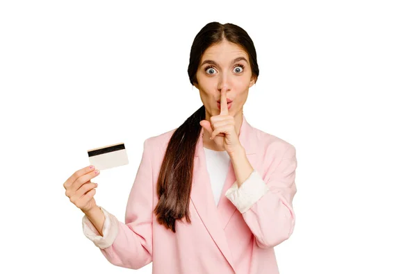 Business Caucasian Woman Holding Credit Card Isolated Keeping Secret Asking — Stock Photo, Image