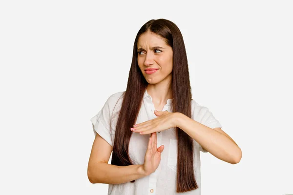 Jeune Femme Caucasienne Aux Cheveux Longs Isolé Montrant Geste Timeout — Photo