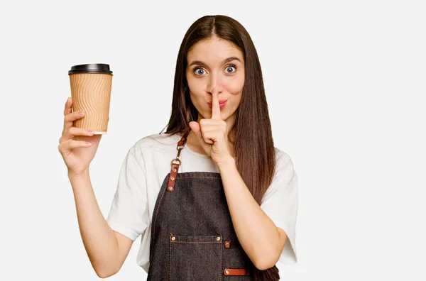 Young Barista Woman Holding Takeaway Coffee Isolated Keeping Secret Asking — Stock Photo, Image