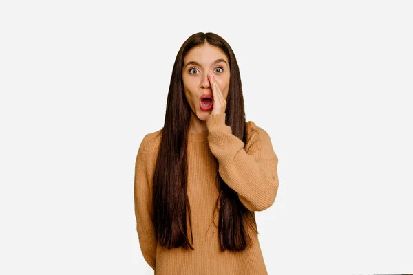 Young Caucasian Long Hair Woman Isolated Saying Secret Hot Braking — Stock Photo, Image