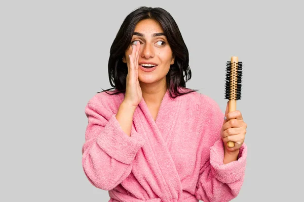 Young Indian Woman Bathrobe Holding Hairbrush Isolated Saying Secret Hot — Stock Photo, Image