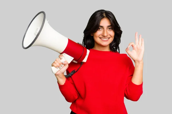 Young Indian Woman Holding Megaphone Isolated — Stock Photo, Image