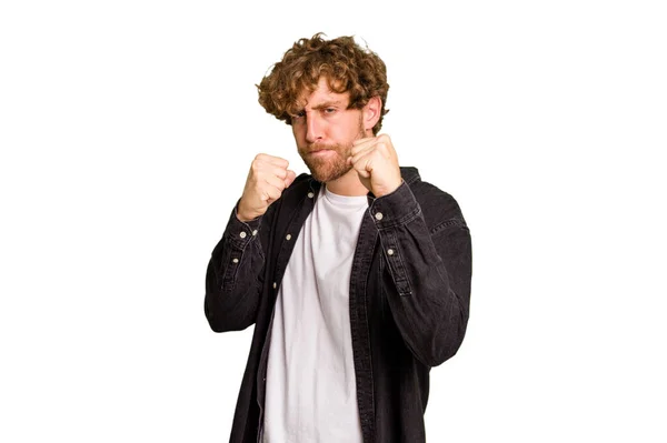 Young Caucasian Man Isolated Green Chroma Background Showing Fist Camera — Stock Photo, Image
