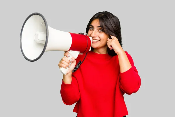 Young Indian Woman Holding Megaphone Isolated — Stock Photo, Image