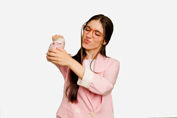 Jonge Kaukasische Lange Haar Vrouw Geïsoleerd Met Een Nek Pijn — Stockfoto