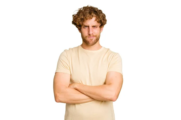 Young Caucasian Man Isolated Green Chroma Background Frowning Face Displeasure — Stock Photo, Image