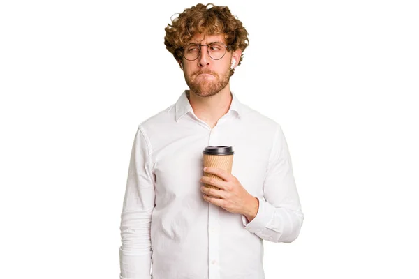 Zakelijke Blanke Man Houdt Een Koffie Nemen Geïsoleerd Witte Achtergrond — Stockfoto