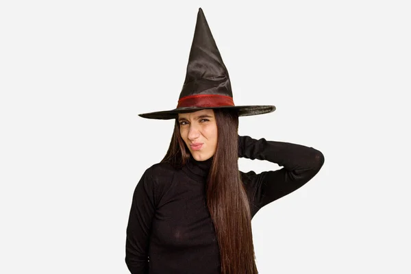 Young Caucasian Woman Dressed Witch Halloween Day Isolated Touching Back — Stock Photo, Image